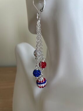 HAND CRAFTED PATRIOTIC DANGLE EARRINGS Red White & Blue Crystal Disco Balls